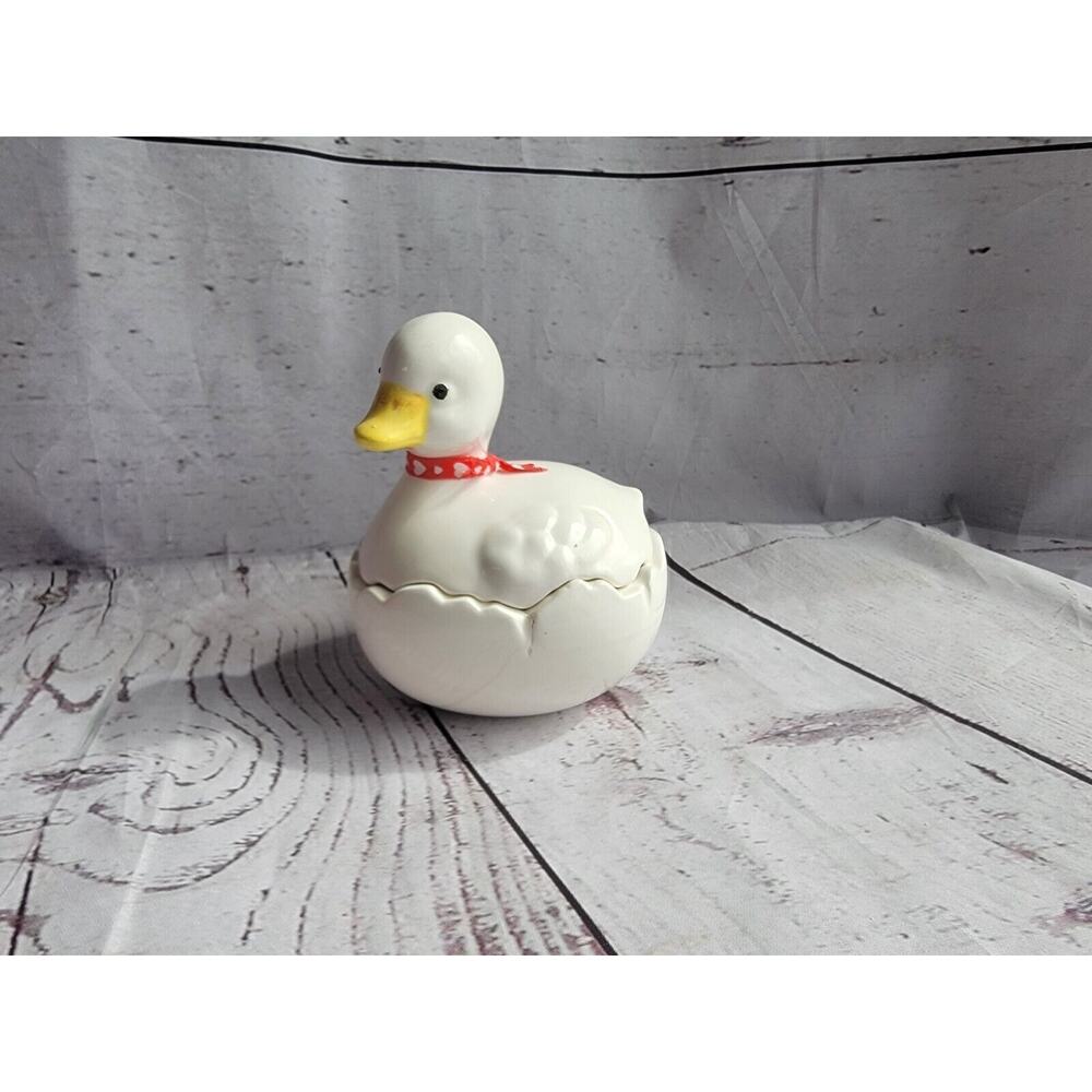 hatching duckling white ceramic trinket jar with heart ribbon READ